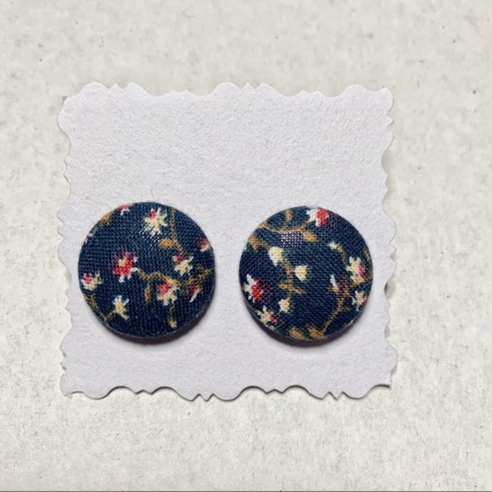Earrings Blue Vintage Floral Fabric Covered Button Earrings